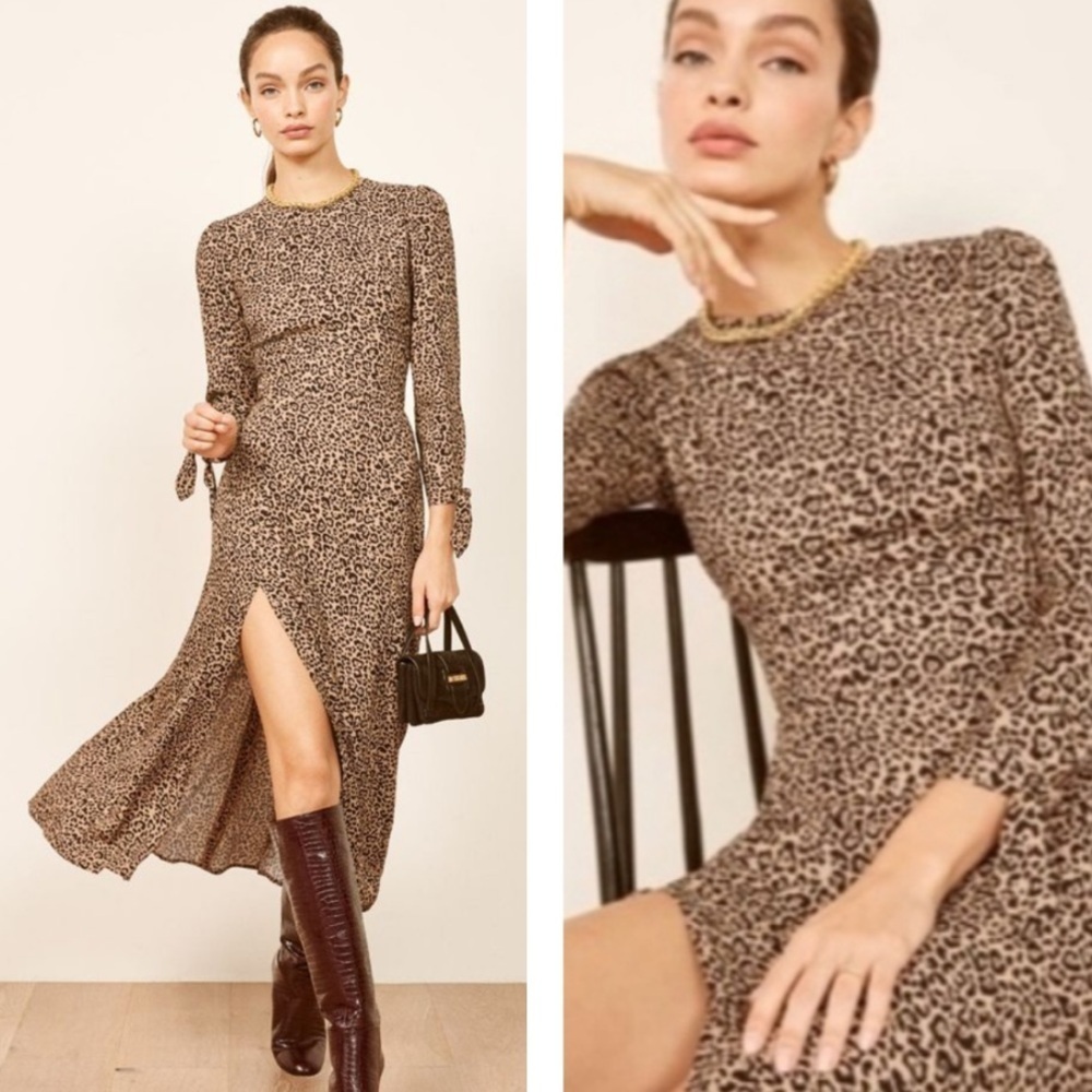 Reformation Animal Print Dress 3/4 Sleeve W/Ties Front Slit SZ 12 fits like a 10
